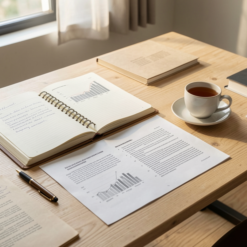 Editorial workspace with open notebooks, printed research papers and a cup of tea on a light wooden desk