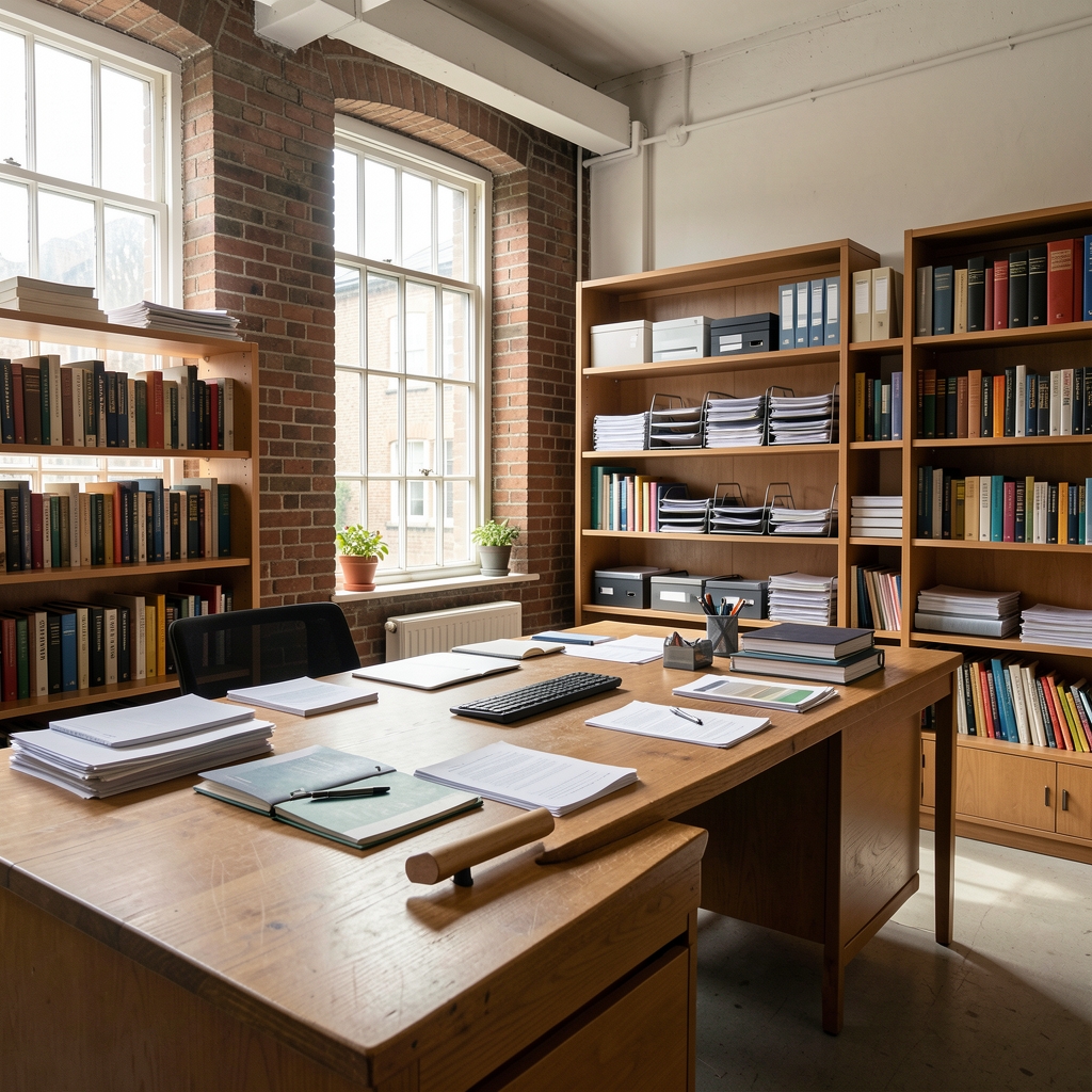 Clerkenwell editorial office interior with natural light, bookshelves, research files and a large writing table