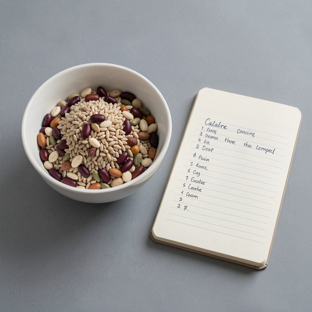 Bowl of mixed whole grains and legumes arranged beside a handwritten calorie record notebook on a neutral grey surface