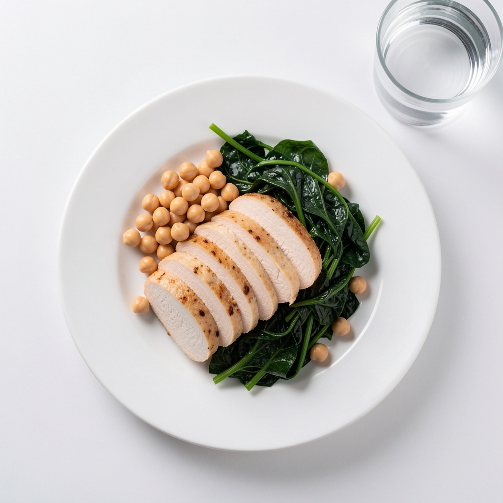 Sliced chicken breast, chickpeas and dark leafy greens on a white plate with a glass of water, overhead studio shot