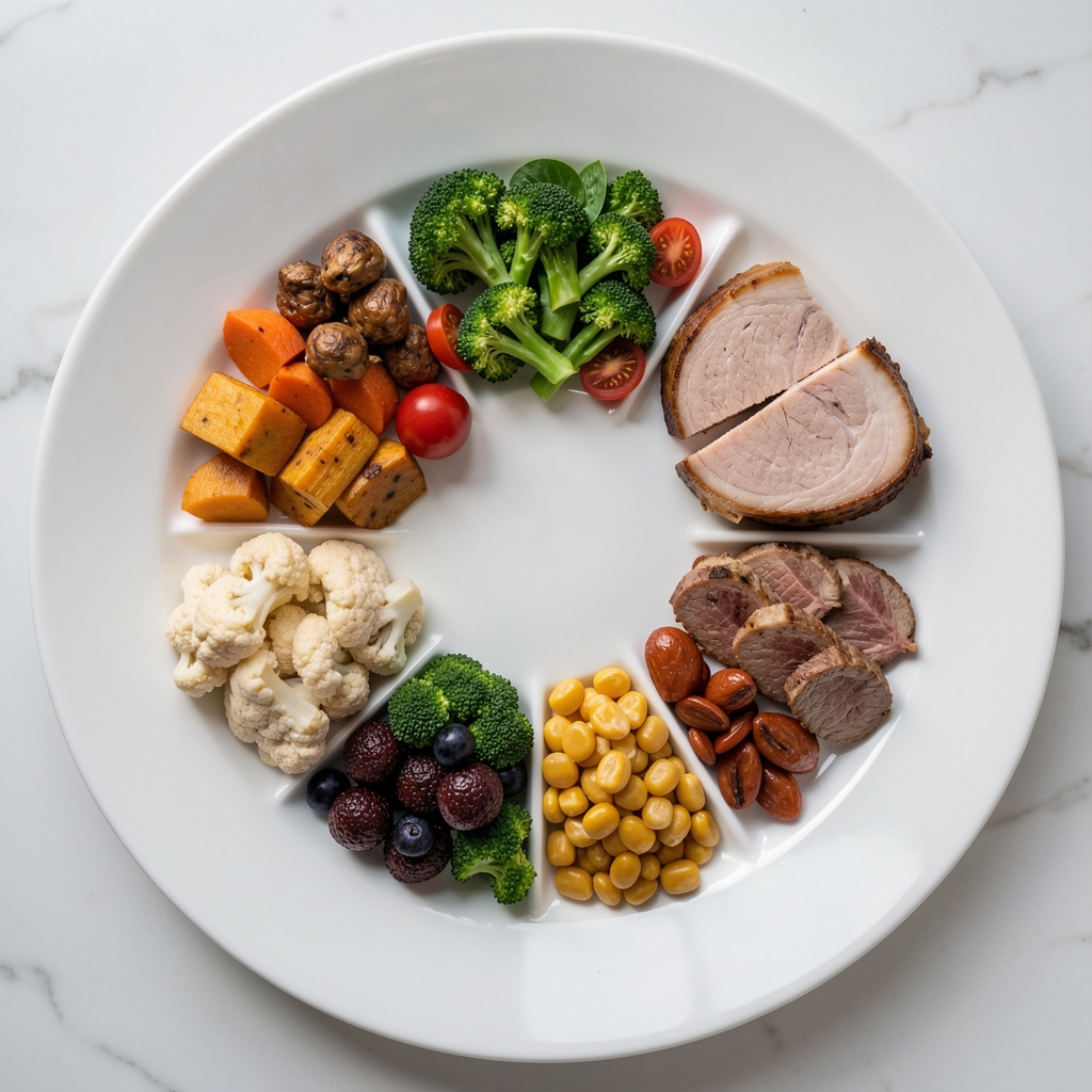 Structured meal layout with colour-coded food groups arranged in balanced portions on a large white plate, overhead view
