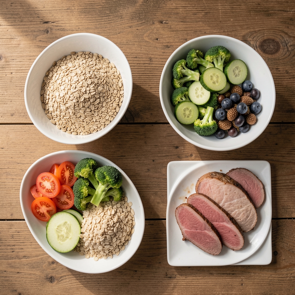 Overhead view of a balanced meal spread on a wooden table with whole grains, fresh vegetables and lean protein portions in natural daylight