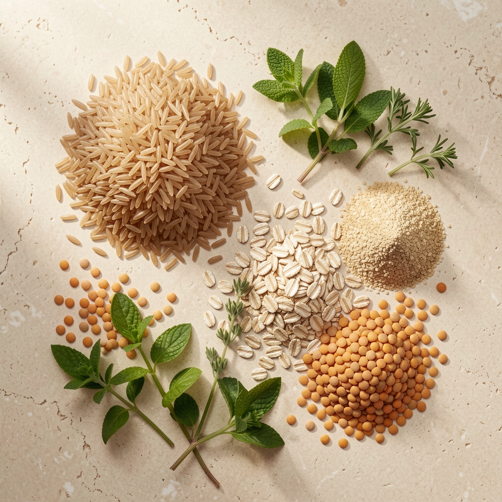 Flat lay of wholefood ingredients including brown rice, oats, lentils and fresh herbs arranged on a pale stone surface with natural side lighting