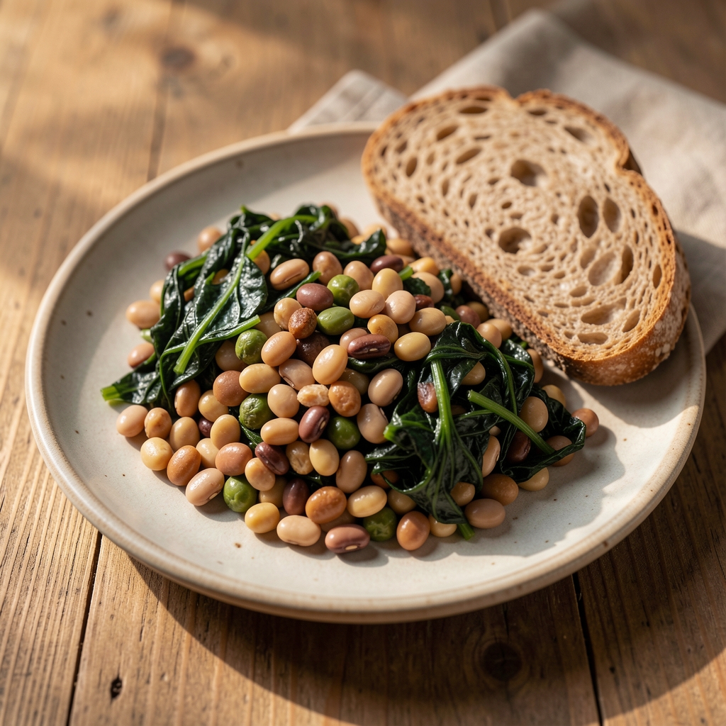 Close-up of a meal containing mixed legumes, dark leafy greens and whole grain bread on a ceramic plate, side lighting, wooden table surface