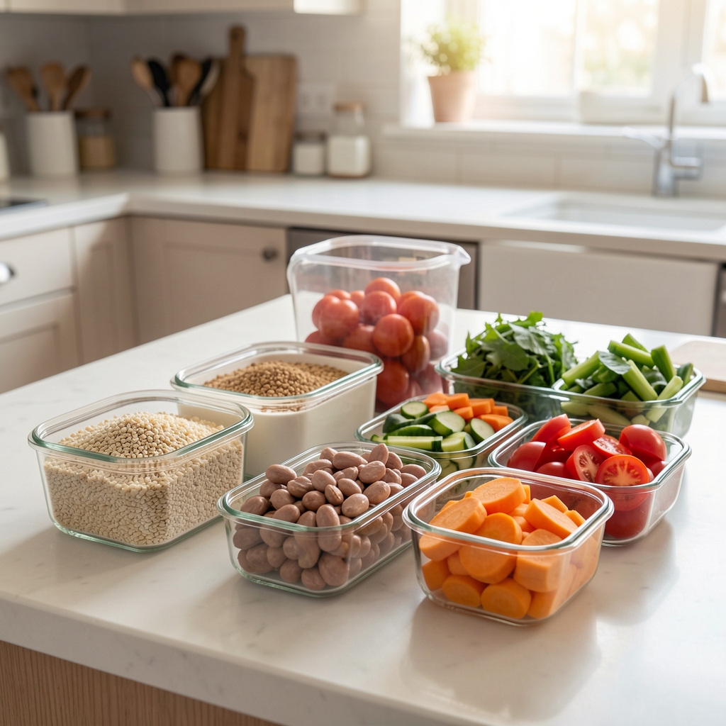 Weekly meal preparation spread with labelled glass containers of grains, proteins and vegetables laid out on a kitchen counter in soft morning light